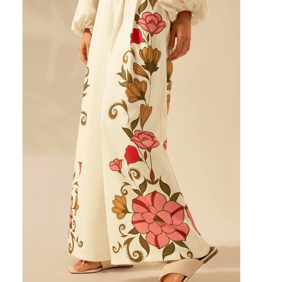 Boho Floral Print Zip Pleated Wide leg Pants - Picture 4 of 6